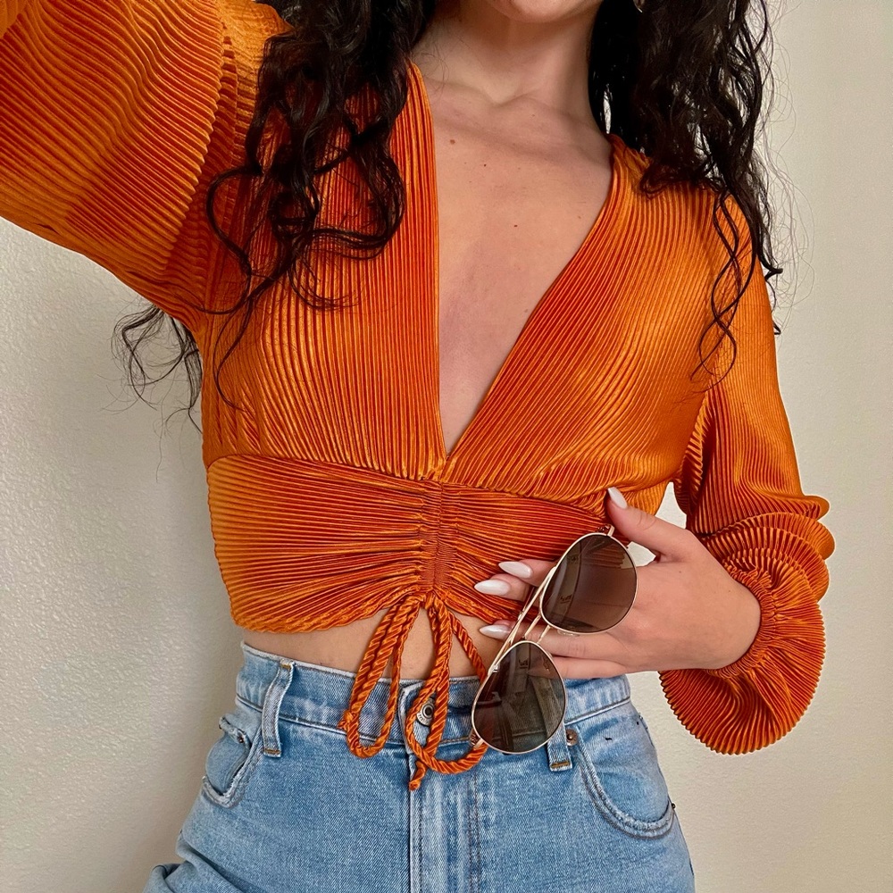 Pleated Long Sleeve Crop Top